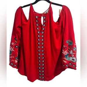 Jodifl Red Embroidered Cold Shoulder Bell Sleeve Blouse Size S